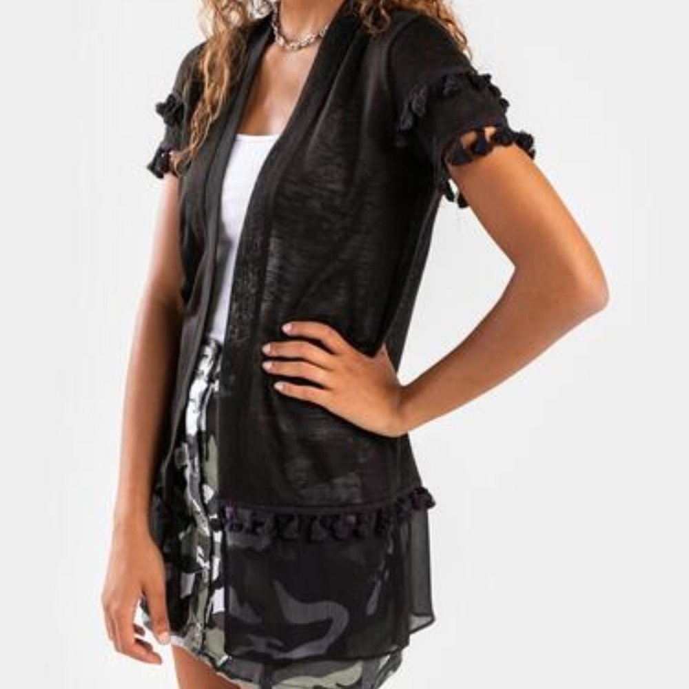 NWT Black Francesca's Collections Chloey Open Tassel Swimm Cover Up Cardigan XS